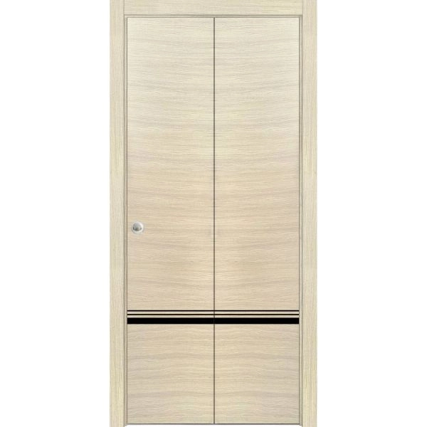 Sliding Closet Bi-fold Doors | Planum 0012 Natural Veneer and Aluminum Strips | Sturdy Tracks Moldings Trims Hardware Set | Wood Solid Bedroom Wardrobe Doors