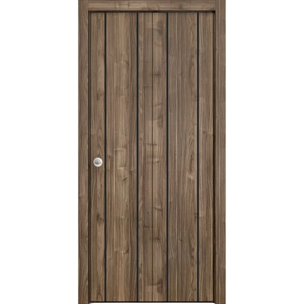 Sliding Closet Bi-fold Doors | Planum 0017 Walnut and Aluminum Strips | Sturdy Tracks Moldings Trims Hardware Set | Wood Solid Bedroom Wardrobe Doors