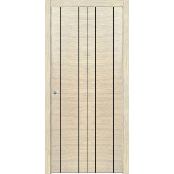 Sliding Closet Bi-fold Doors | Planum 0017 Natural Veneer and Aluminum Strips | Sturdy Tracks Moldings Trims Hardware Set | Wood Solid Bedroom Wardrobe Doors