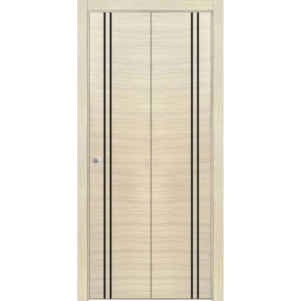 Sliding Closet Bi-fold Doors | Planum 0016 Natural Veneer and Aluminum Strips | Sturdy Tracks Moldings Trims Hardware Set | Wood Solid Bedroom Wardrobe Doors