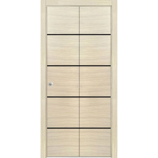 Sliding Closet Bi-fold Doors | Planum 0015 Natural Veneer and Aluminum Strips | Sturdy Tracks Moldings Trims Hardware Set | Wood Solid Bedroom Wardrobe Doors