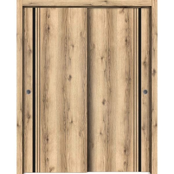 Sliding Closet Bypass Doors | Planum 0011 Oak and Aluminum Strips | Sturdy Rails Moldings Trims Hardware Set | Wood Solid Bedroom Wardrobe Doors