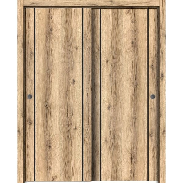 Sliding Closet Bypass Doors | Planum 0017 Oak and Aluminum Strips | Sturdy Rails Moldings Trims Hardware Set | Wood Solid Bedroom Wardrobe Doors-36" x 80" (2* 18x80)