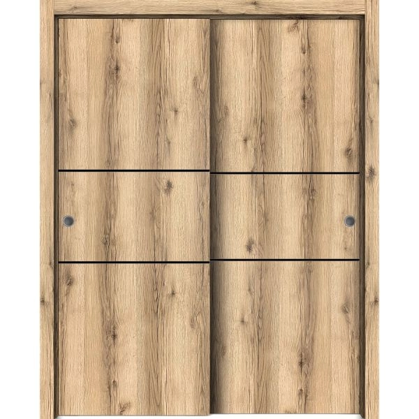 Sliding Closet Bypass Doors | Planum 0014 Oak and Aluminum Strips | Sturdy Rails Moldings Trims Hardware Set | Wood Solid Bedroom Wardrobe Doors