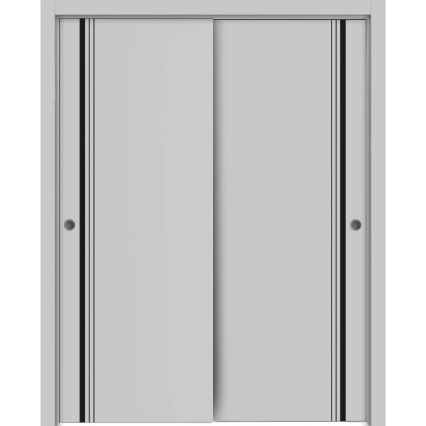 Sliding Closet Bypass Doors | Planum 0011 Matte Grey and Aluminum Strips | Sturdy Rails Moldings Trims Hardware Set | Wood Solid Bedroom Wardrobe Doors
