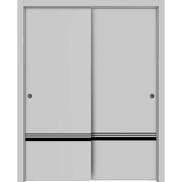 Sliding Closet Bypass Doors | Planum 0012 Matte Grey and Aluminum Strips | Sturdy Rails Moldings Trims Hardware Set | Wood Solid Bedroom Wardrobe Doors