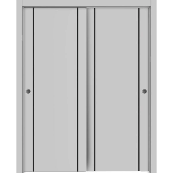 Sliding Closet Bypass Doors | Planum 0017 Matte Grey and Aluminum Strips | Sturdy Rails Moldings Trims Hardware Set | Wood Solid Bedroom Wardrobe Doors