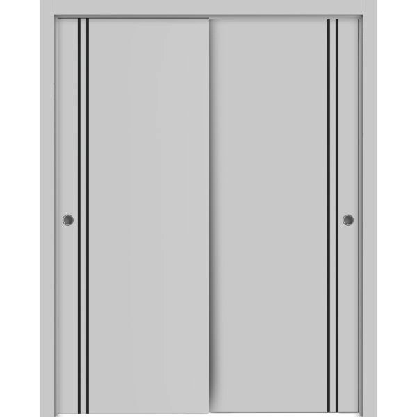 Sliding Closet Bypass Doors | Planum 0016 Matte Grey and Aluminum Strips | Sturdy Rails Moldings Trims Hardware Set | Wood Solid Bedroom Wardrobe Doors