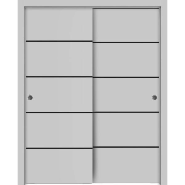 Sliding Closet Bypass Doors | Planum 0015 Matte Grey and Aluminum Strips | Sturdy Rails Moldings Trims Hardware Set | Wood Solid Bedroom Wardrobe Doors