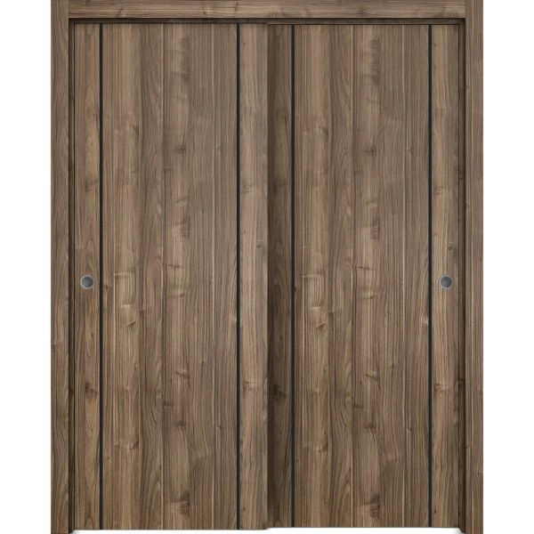 Sliding Closet Bypass Doors | Planum 0017 Walnut and Aluminum Strips | Sturdy Rails Moldings Trims Hardware Set | Wood Solid Bedroom Wardrobe Doors