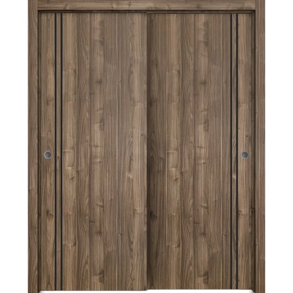 Sliding Closet Bypass Doors | Planum 0016 Walnut and Aluminum Strips | Sturdy Rails Moldings Trims Hardware Set | Wood Solid Bedroom Wardrobe Doors