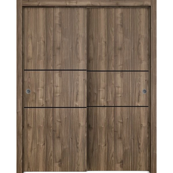 Sliding Closet Bypass Doors | Planum 0014 Walnut and Aluminum Strips | Sturdy Rails Moldings Trims Hardware Set | Wood Solid Bedroom Wardrobe Doors