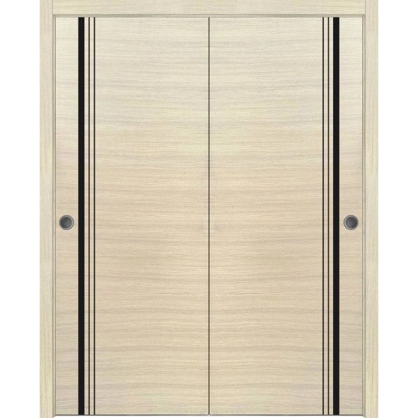 Sliding Closet Bypass Doors | Planum 0011 Natural Veneer and Aluminum Strips | Sturdy Rails Moldings Trims Hardware Set | Wood Solid Bedroom Wardrobe Doors