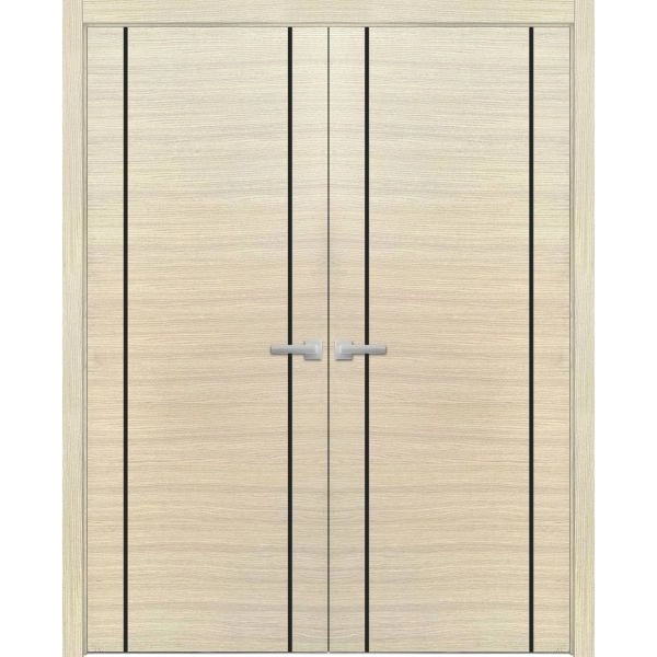 Solid French Double Doors | Planum 0017 Natural Veneer and Aluminum Strips | Wood Solid Panel Frame Trims | Closet Bedroom Sturdy Doors -36" x 80" (2* 18x80)
