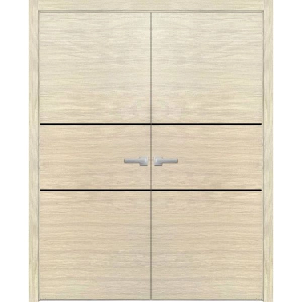 Planum Solid French Double Doors | Planum 0014 Natural Veneer and Aluminum Strips | Wood Solid Panel Frame Trims | Closet Bedroom Sturdy Doors