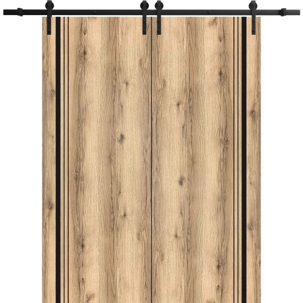 Sliding Double Barn Doors with Hardware | Planum 0011 Oak and Aluminum Strips | 13FT Rail Hangers Sturdy Set | Modern Solid Panel Interior Hall Bedroom Bathroom Door