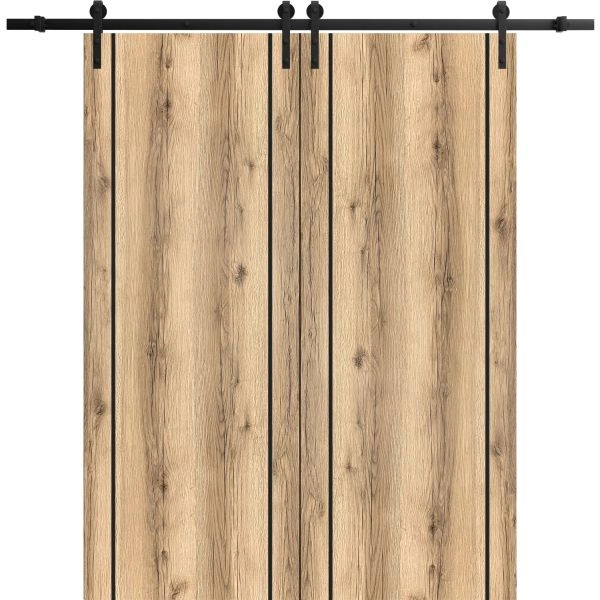 Sliding Double Barn Doors with Hardware | Planum 0017 Oak and Aluminum Strips | 13FT Rail Hangers Sturdy Set | Modern Solid Panel Interior Hall Bedroom Bathroom Door-36" x 80" (2* 18x80)