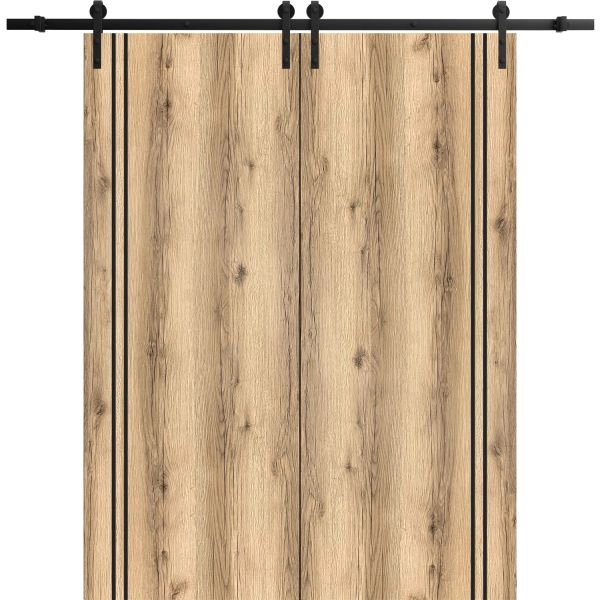 Sliding Double Barn Doors with Hardware | Planum 0016 Oak and Aluminum Strips | 13FT Rail Hangers Sturdy Set | Modern Solid Panel Interior Hall Bedroom Bathroom Door