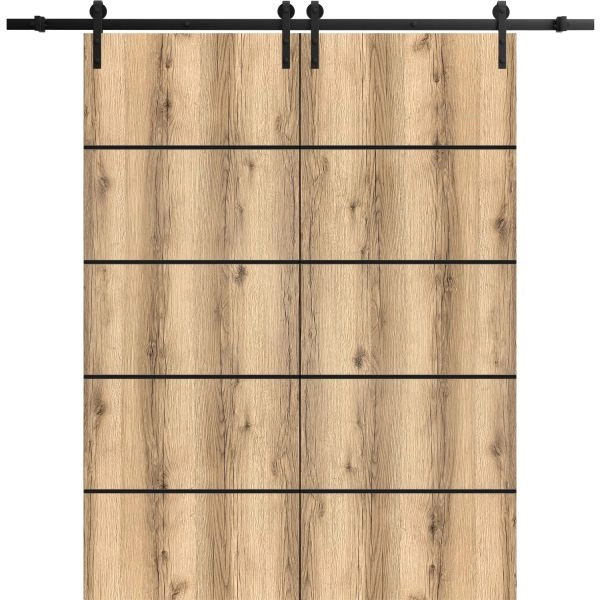 Sliding Double Barn Doors with Hardware | Planum 0015 Oak and Aluminum Strips | 13FT Rail Hangers Sturdy Set | Modern Solid Panel Interior Hall Bedroom Bathroom Door