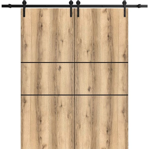 Sliding Double Barn Doors with Hardware | Planum 0014 Oak and Aluminum Strips | 13FT Rail Hangers Sturdy Set | Modern Solid Panel Interior Hall Bedroom Bathroom Door
