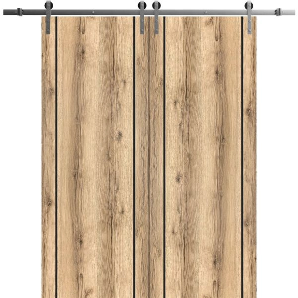 Sliding Double Barn Doors with Hardware | Planum 0017 Oak and Aluminum Strips | 13FT Rail Hangers Sturdy Set | Modern Solid Panel Interior Hall Bedroom Bathroom Door-36" x 80" (2* 18x80)