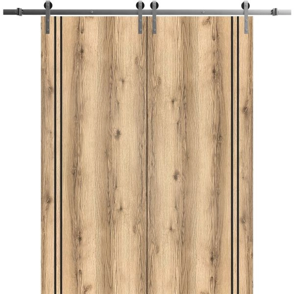 Sliding Double Barn Doors with Hardware | Planum 0016 Oak and Aluminum Strips | Silver 13FT Rail Hangers Sturdy Set | Modern Solid Panel Interior Hall Bedroom Bathroom Door