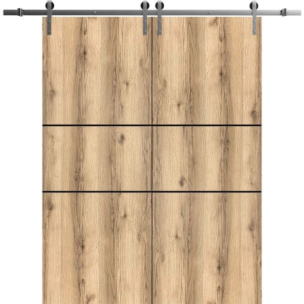 Sliding Double Barn Doors with Hardware | Planum 0014 Oak and Aluminum Strips | Silver 13FT Rail Hangers Sturdy Set | Modern Solid Panel Interior Hall Bedroom Bathroom Door
