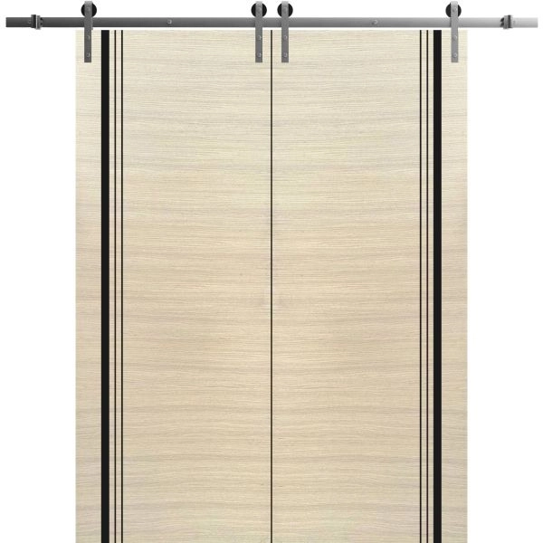 Sliding Double Barn Doors with Hardware | Planum 0011 Natural Veneer and Aluminum Strips | Silver 13FT Rail Hangers Sturdy Set | Modern Solid Panel Interior Hall Bedroom Bathroom Door