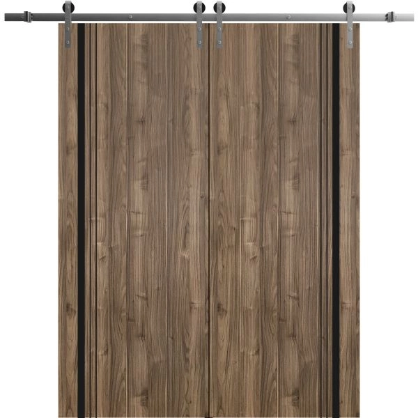 Sliding Double Barn Doors with Hardware | Planum 0011 Walnut and Aluminum Strips | Silver 13FT Rail Hangers Sturdy Set | Modern Solid Panel Interior Hall Bedroom Bathroom Door