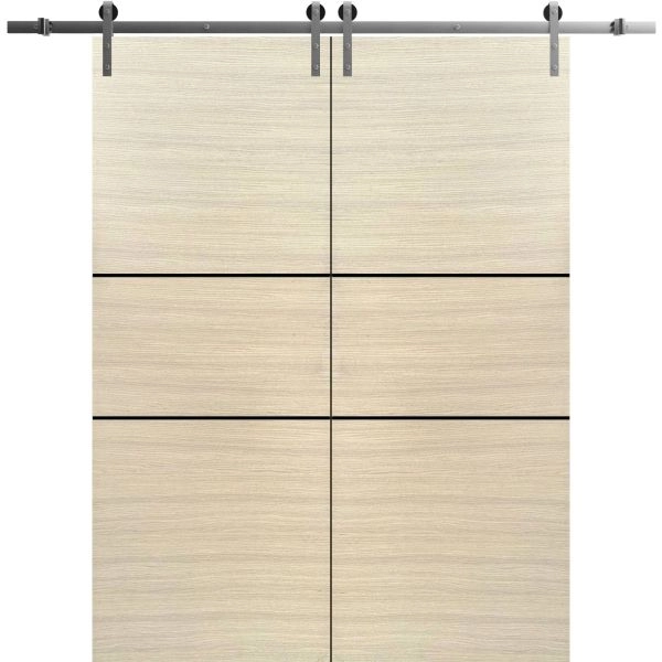 Sliding Double Barn Doors with Hardware | Planum 0014 Natural Veneer and Aluminum Strips | Silver 13FT Rail Hangers Sturdy Set | Modern Solid Panel Interior Hall Bedroom Bathroom Door