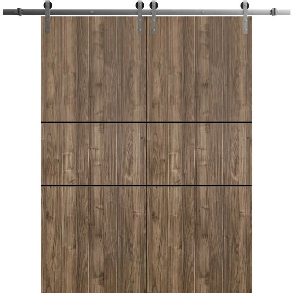 Sliding Double Barn Doors with Hardware | Planum 0014 Walnut and Aluminum Strips | Silver 13FT Rail Hangers Sturdy Set | Modern Solid Panel Interior Hall Bedroom Bathroom Door