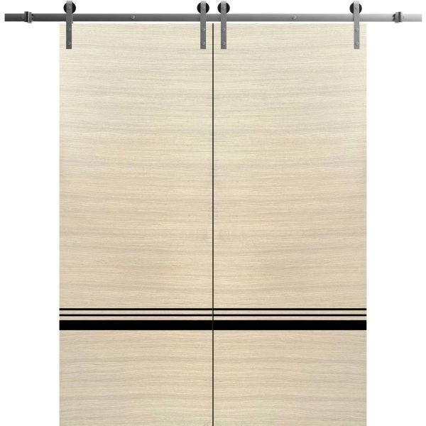 Sliding Double Barn Doors with Hardware | Planum 0012 Natural Veneer and Aluminum Strips | Silver 13FT Rail Hangers Sturdy Set | Modern Solid Panel Interior Hall Bedroom Bathroom Door