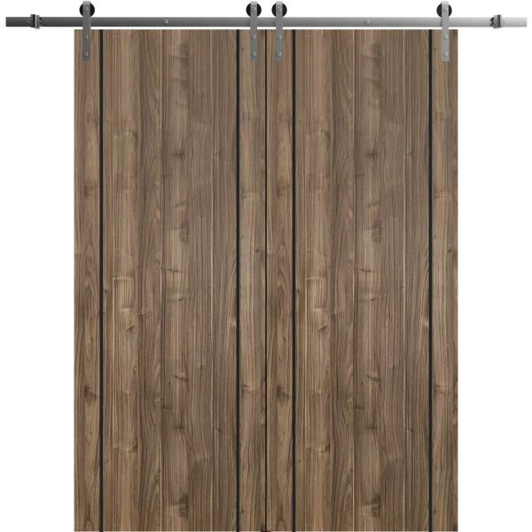 Sliding Double Barn Doors with Hardware | Planum 0017 Walnut and Aluminum Strips | Silver 13FT Rail Hangers Sturdy Set | Modern Solid Panel Interior Hall Bedroom Bathroom Door