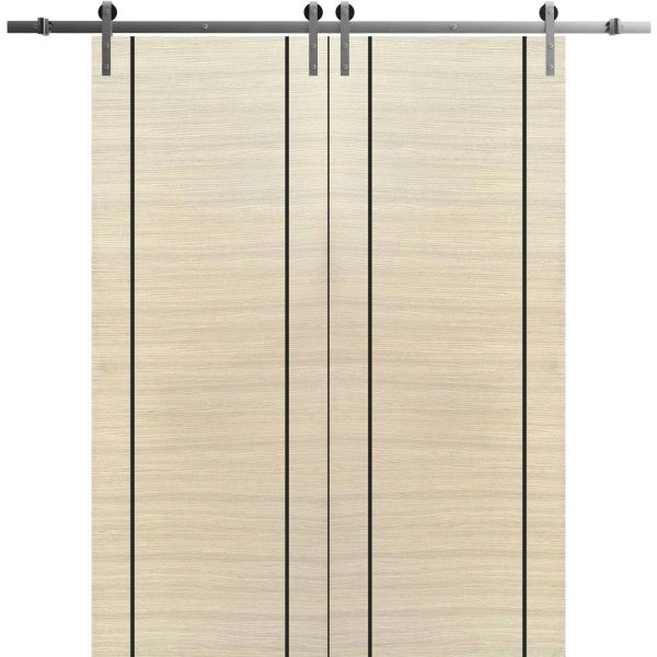 Sliding Double Barn Doors with Hardware | Planum 0017 Natural Veneer and Aluminum Strips | 13FT Rail Hangers Sturdy Set | Modern Solid Panel Interior Hall Bedroom Bathroom Door-36" x 80" (2* 18x80)