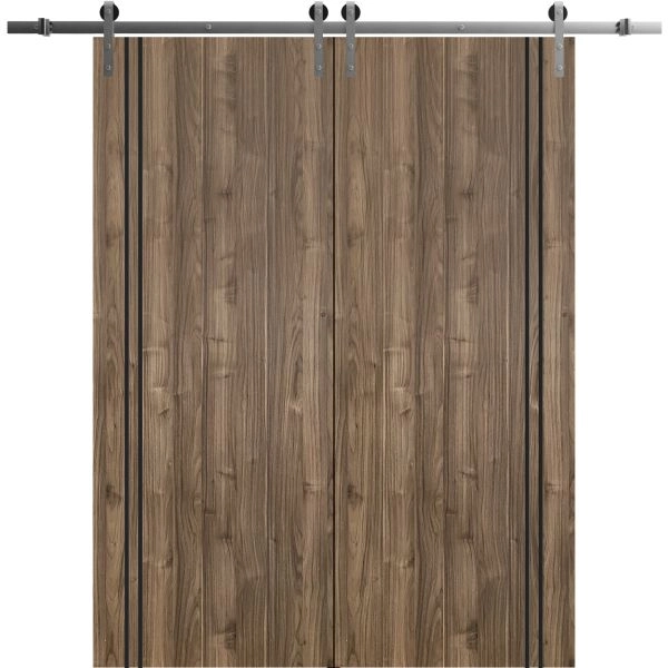Sliding Double Barn Doors with Hardware | Planum 0016 Walnut and Aluminum Strips | Silver 13FT Rail Hangers Sturdy Set | Modern Solid Panel Interior Hall Bedroom Bathroom Door
