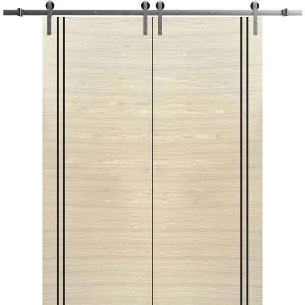 Sliding Double Barn Doors with Hardware | Planum 0016 Natural Veneer and Aluminum Strips | Silver 13FT Rail Hangers Sturdy Set | Modern Solid Panel Interior Hall Bedroom Bathroom Door