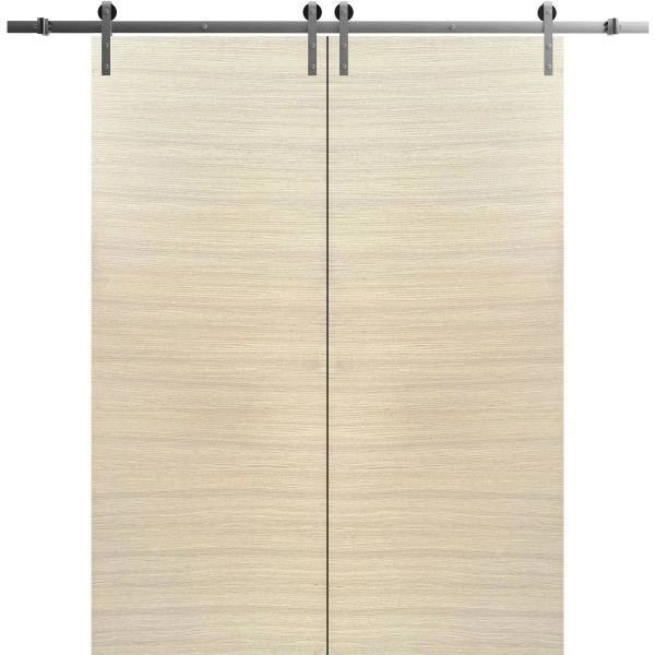 Sliding Double Barn Doors with Hardware | Planum 0010 Natural Veneer | Silver 13FT Rail Hangers Sturdy Set | Modern Solid Panel Interior Hall Bedroom Bathroom Door