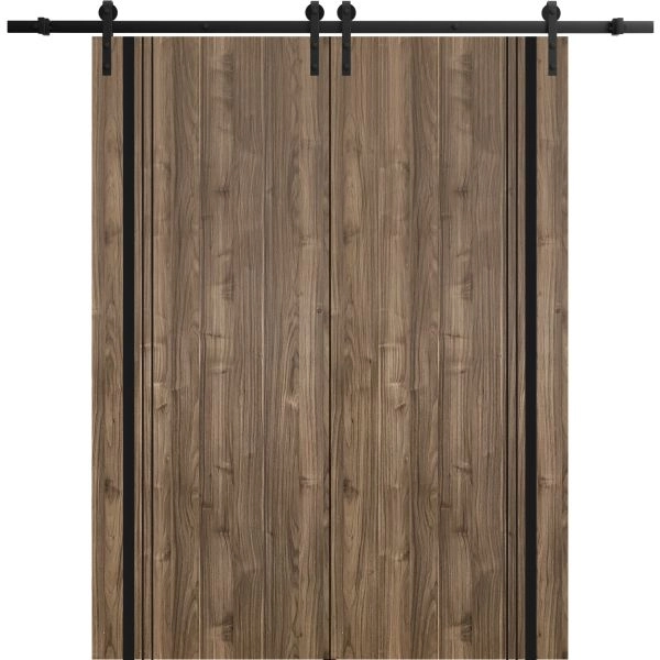 Sliding Double Barn Doors with Hardware | Planum 0011 Walnut and Aluminum Strips | 13FT Rail Hangers Sturdy Set | Modern Solid Panel Interior Hall Bedroom Bathroom Door