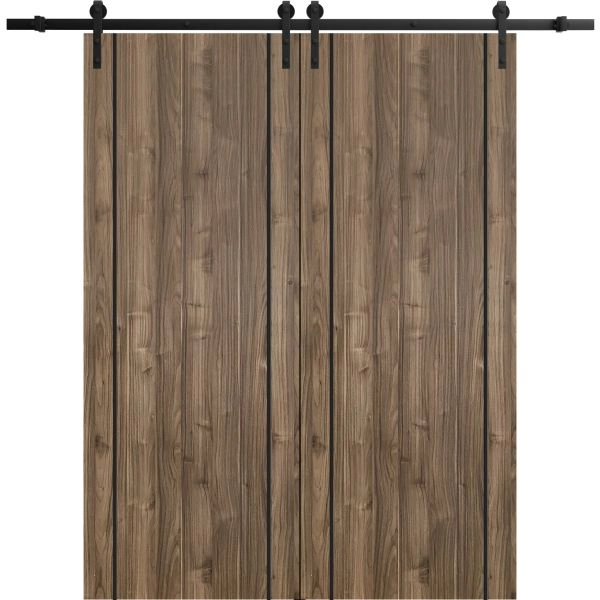 Sliding Double Barn Doors with Hardware | Planum 0017 Walnut and Aluminum Strips | 13FT Rail Hangers Sturdy Set | Modern Solid Panel Interior Hall Bedroom Bathroom Door
