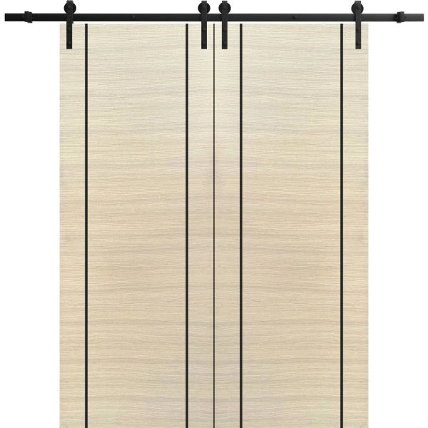 Sliding Double Barn Doors with Hardware | Planum 0017 Natural Veneer and Aluminum Strips | 13FT Rail Hangers Sturdy Set | Modern Solid Panel Interior Hall Bedroom Bathroom Door-36" x 80" (2* 18x80)