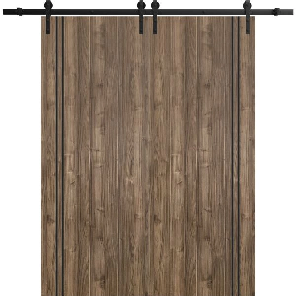 Sliding Double Barn Doors with Hardware | Planum 0016 Walnut and Aluminum Strips | 13FT Rail Hangers Sturdy Set | Modern Solid Panel Interior Hall Bedroom Bathroom Door