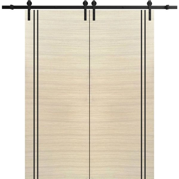 Sliding Double Barn Doors with Hardware | Planum 0016 Natural Veneer and Aluminum Strips | 13FT Rail Hangers Sturdy Set | Modern Solid Panel Interior Hall Bedroom Bathroom Door