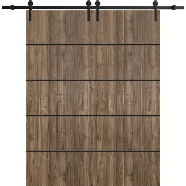 Sliding Double Barn Doors with Hardware | Planum 0015 Walnut and Aluminum Strips | 13FT Rail Hangers Sturdy Set | Modern Solid Panel Interior Hall Bedroom Bathroom Door