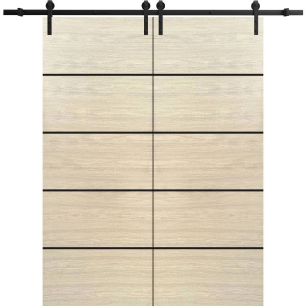 Sliding Double Barn Doors with Hardware | Planum 0015 Natural Veneer and Aluminum Strips | 13FT Rail Hangers Sturdy Set | Modern Solid Panel Interior Hall Bedroom Bathroom Door