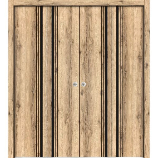 Sliding Closet Double Bi-fold Doors | Planum 0011 Oak and Aluminum Strips | Sturdy Tracks Moldings Trims Hardware Set | Wood Solid Bedroom Wardrobe Doors