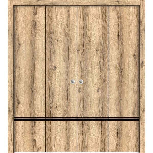 Sliding Closet Double Bi-fold Doors | Planum 0012 Oak and Aluminum Strips | Sturdy Tracks Moldings Trims Hardware Set | Wood Solid Bedroom Wardrobe Doors