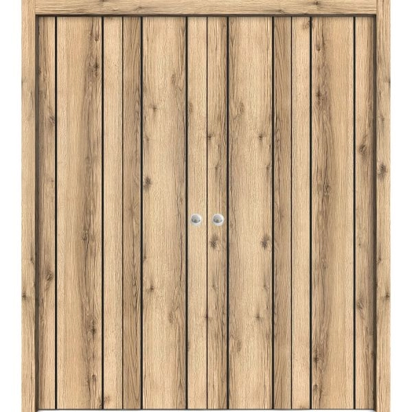 Sliding Closet Double Bi-fold Doors | Planum 0017 Oak and Aluminum Strips | Sturdy Tracks Moldings Trims Hardware Set | Wood Solid Bedroom Wardrobe Doors