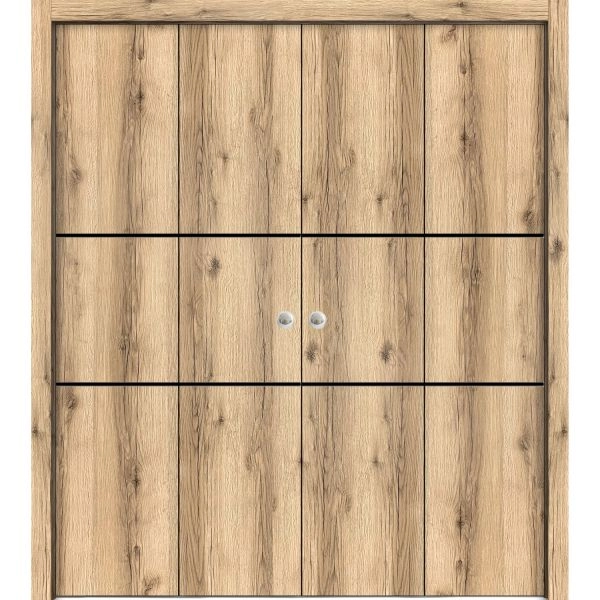 Sliding Closet Double Bi-fold Doors | Planum 0014 Oak and Aluminum Strips | Sturdy Tracks Moldings Trims Hardware Set | Wood Solid Bedroom Wardrobe Doors