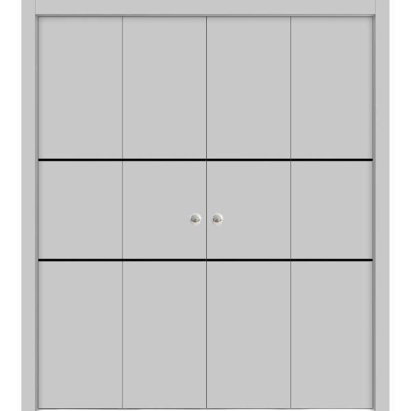 Sliding Closet Double Bi-fold Doors | Planum 0014 Matte Grey and Aluminum Strips | Sturdy Tracks Moldings Trims Hardware Set | Wood Solid Bedroom Wardrobe Doors