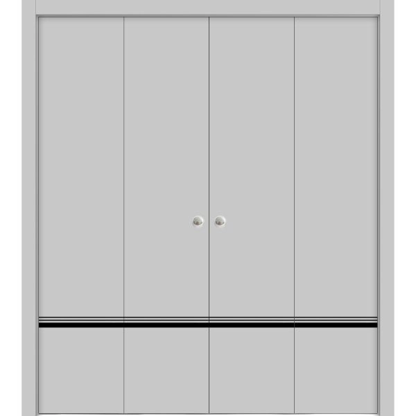 Sliding Closet Double Bi-fold Doors | Planum 0012 Matte Grey and Aluminum Strips | Sturdy Tracks Moldings Trims Hardware Set | Wood Solid Bedroom Wardrobe Doors